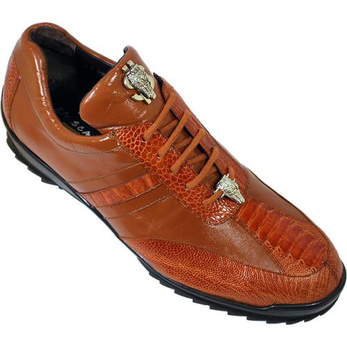 La Scarpa "Troy" Cognac Genuine Ostrich And Lambskin Leather Casual Sneakers With Silver Alligator On Front And Laces